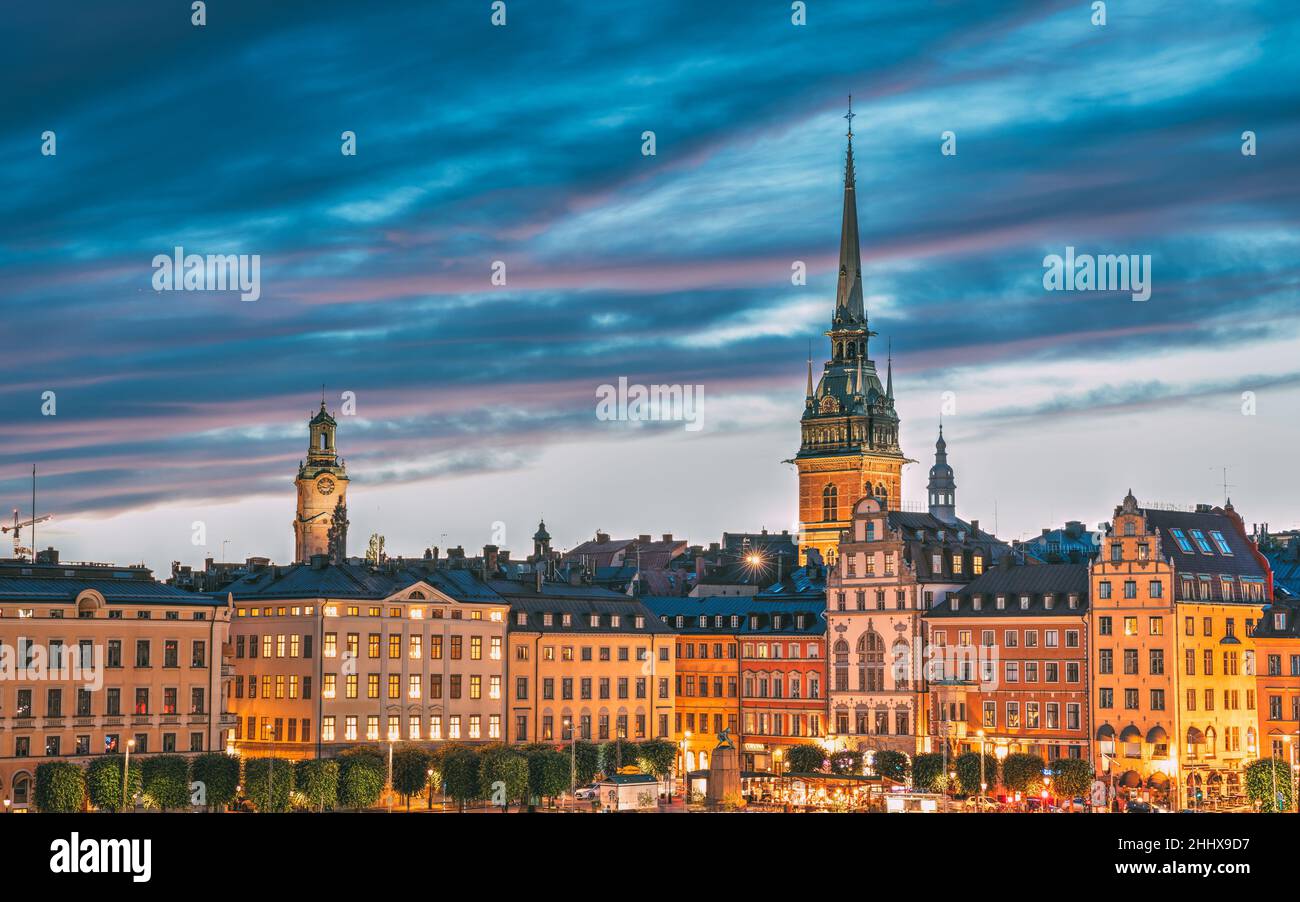 Stockholm, Sweden. Scenic View Of Skyline At Evening Night. Tower Of Storkyrkan - The Great Church Or Church Of St. Nicholas And German St Gertrude's Stock Photo