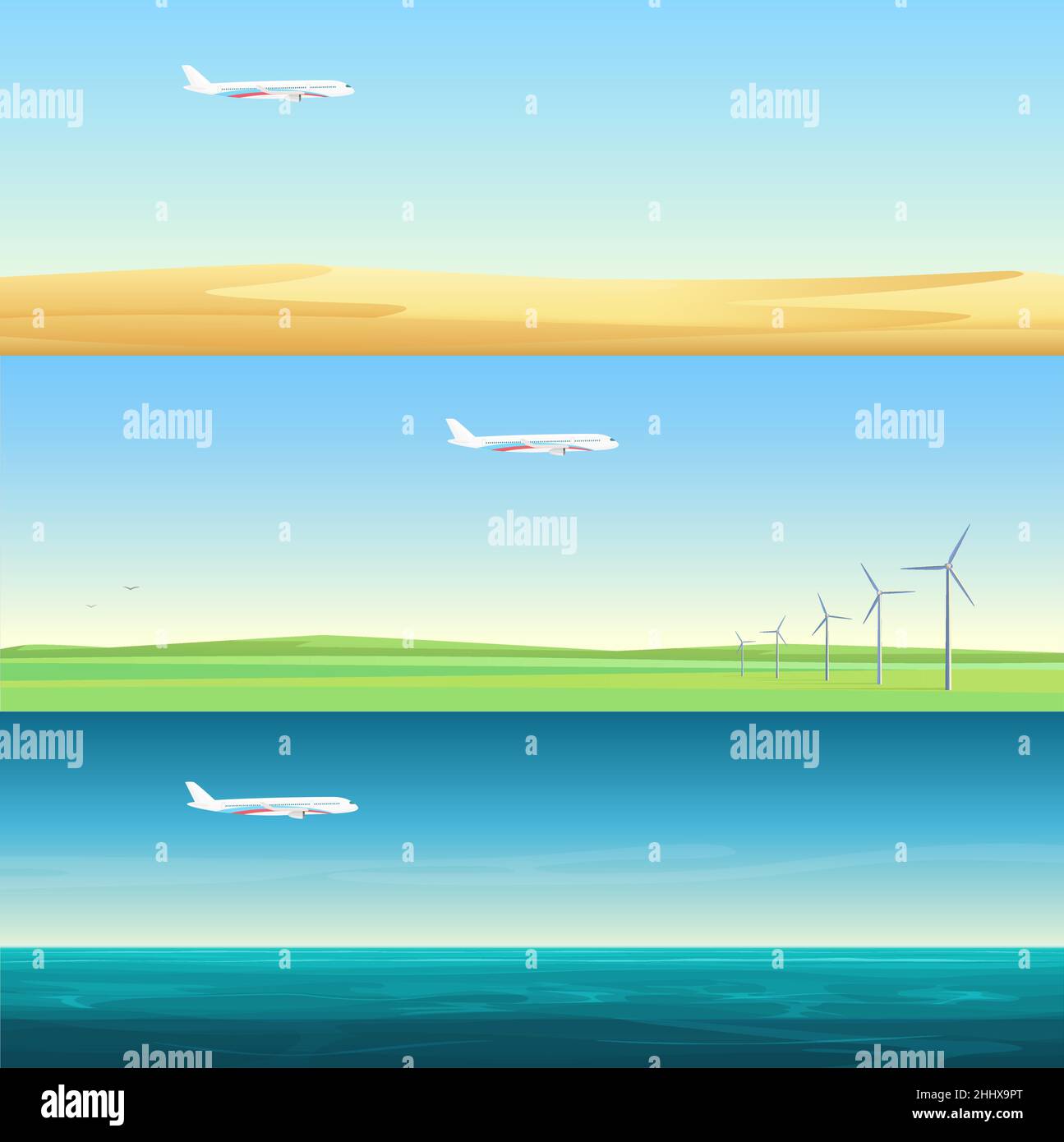 Beautiful minimalistic horizontal banners landscapes with airplanes flying over the field, sea and desert Stock Vector