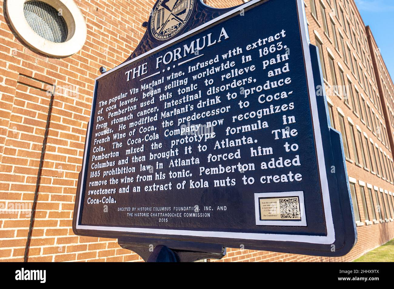 Columbus, GA, historical marker commemorating the origins of the beverage created by Columbus pharmacist John Pemberton that would become Coca-Cola. Stock Photo