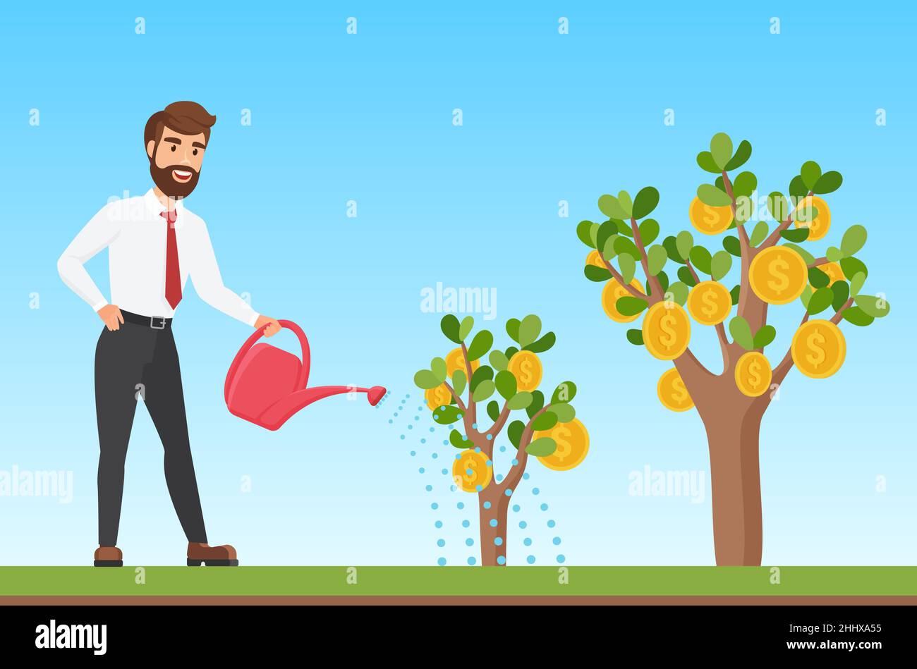 Happy stylish businessman watering a money tree cartoon vector illustration Stock Vector
