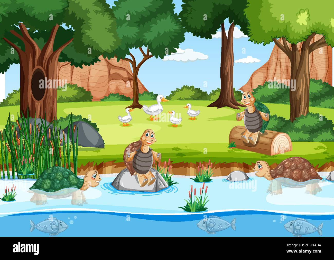 River in the forest with wild animals illustration Stock Vector