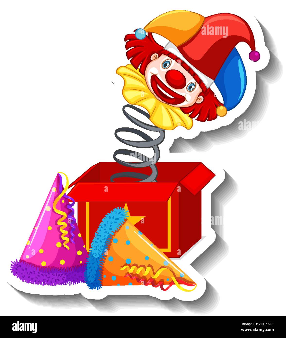 Funny clown jumping out of surprise box illustration Stock Vector Image &  Art - Alamy