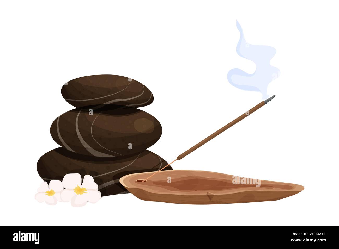 Aroma stick on wooden incense burner with smoke, massage stones tower