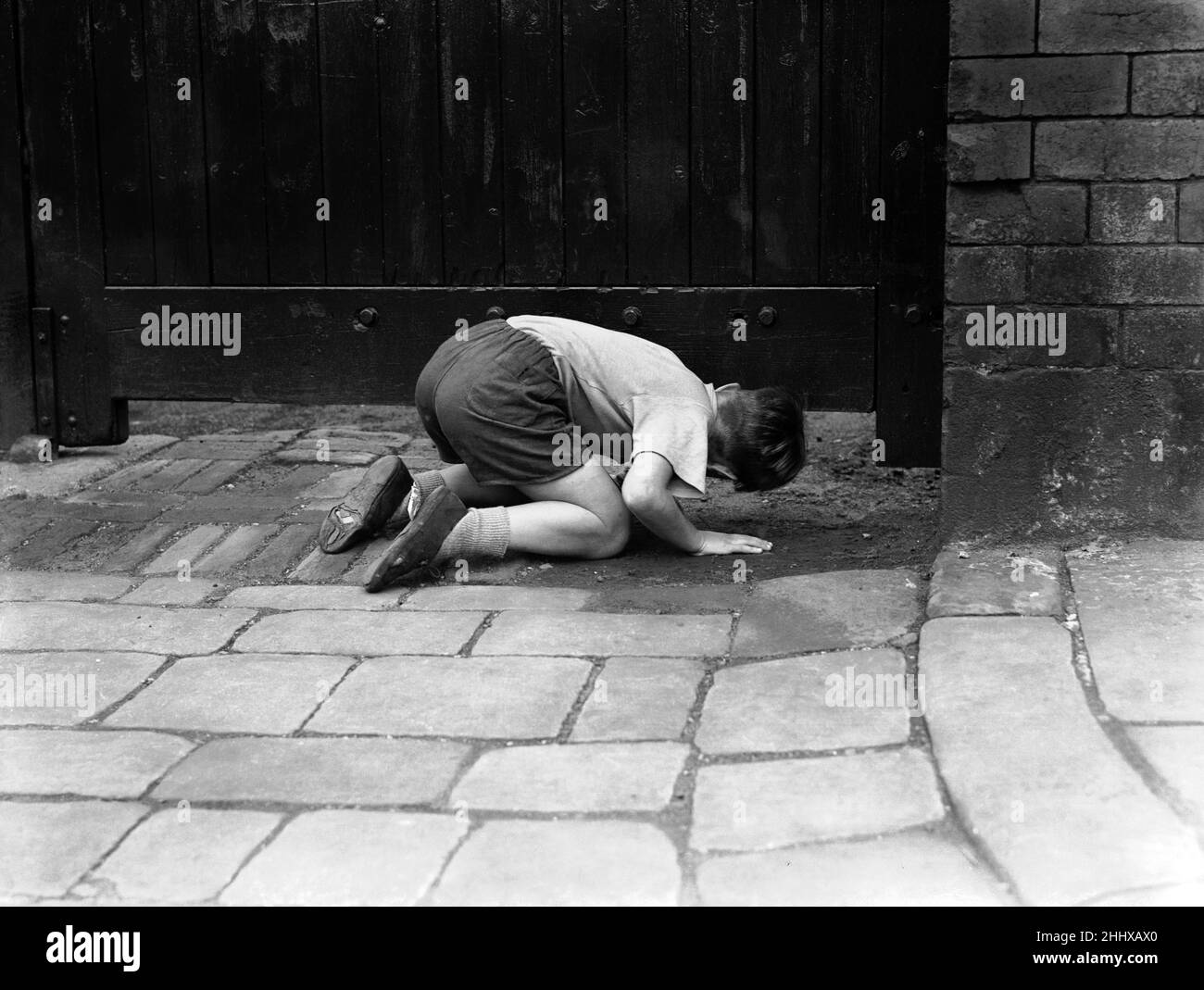 England V Australia 1954 4th Test Match Headingley Leeds. A small boy outside the Yorkshire Cricket Club in Headingley takes a quick peek under the great wooden doors to see how England are fairing in the fourth test against Australia. 23rd July 1954 Stock Photo