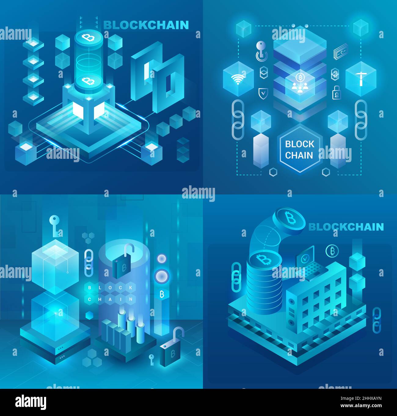 Data center, cryptocurrency and blockchain technology market isometric vector illustrations set Stock Vector