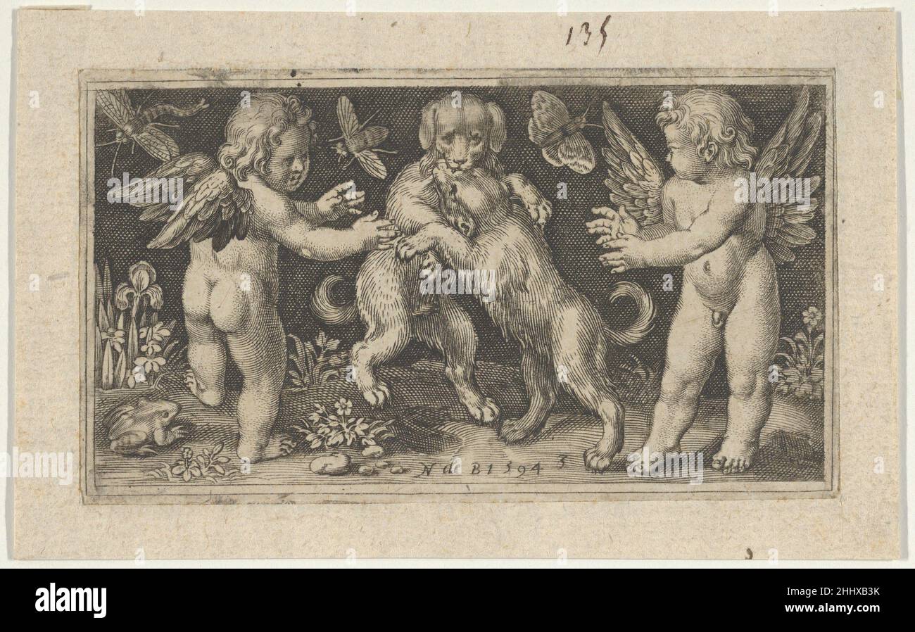 Two Genii with Two Dogs Fighting 1594 Nicolaes de Bruyn Netherlandish Two putti against a landscape with two dogs fighting at center. Putto at left seen from behind. At bottom left a frog; at top, three flying insects. From a series of six plates.. Two Genii with Two Dogs Fighting  423662 Stock Photo
