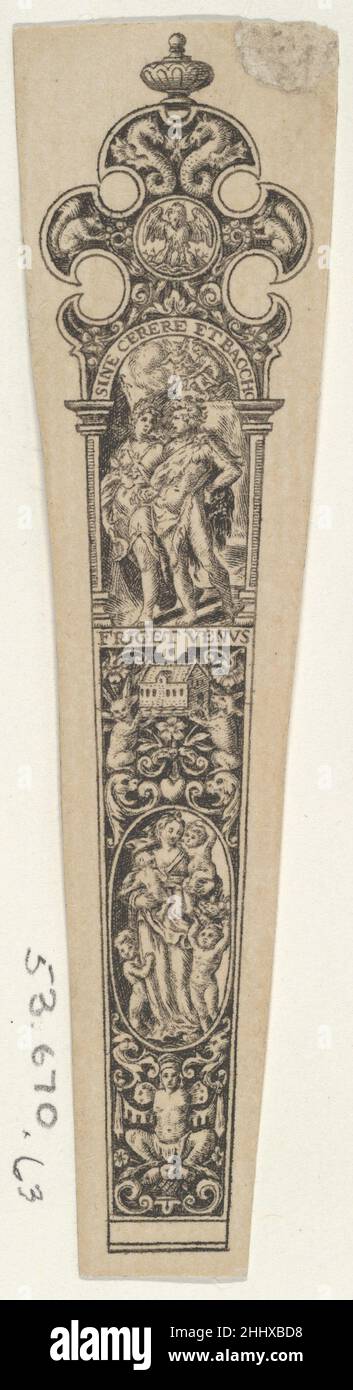 Design for a Knife Handle with 'Sine Cerere et Baccho Friget Venus' 1580–1600 Johann Theodor de Bry Netherlandish Panel with a knife handle design with the inscription SINE CERERE ET BACCHO FRIGET VENVS (Without Ceres and Bacchus, Venus Would Freeze) around a scene depicting a female and male figure walking left. Below, an oval with a female figure surrounded by children. On a blackwork background with grotesques. From a series of twelve plates.. Design for a Knife Handle with 'Sine Cerere et Baccho Friget Venus'  425020 Stock Photo