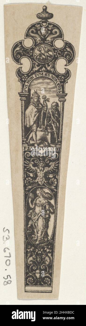 Design for a Knife Handle with a Memento Mori 1580–1600 Johann Theodor de Bry Netherlandish Panel with knife handle design, with a man with a rose before the seated figure of Death, shown as a skeleton, after a design by Jan Saenredam after Hendrik Goltzius (Bartsch III.258.123) This scene is framed by an arch at the top of the handle and is on a blackwork background with grotesques. From a series of twelve plates.. Design for a Knife Handle with a Memento Mori  425018 Stock Photo