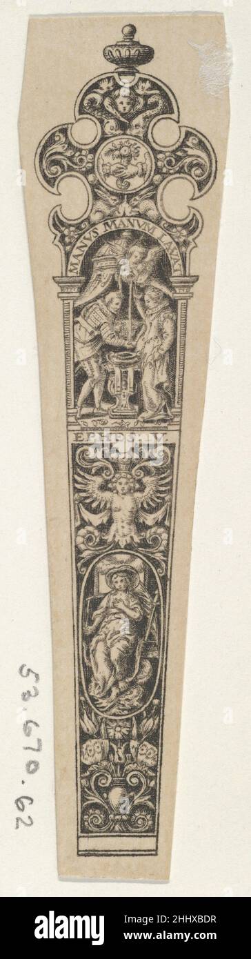 Design for a Knife Handle with a Couple Holding Hands 1580–1600 Johann Theodor de Bry Netherlandish Panel with a knife handle design, with a male and female holding hands over a basin, while a putti pours water over their joined hands from above. On a blackwork background with grotesques. From a series of twelve plates.. Design for a Knife Handle with a Couple Holding Hands  425021 Stock Photo