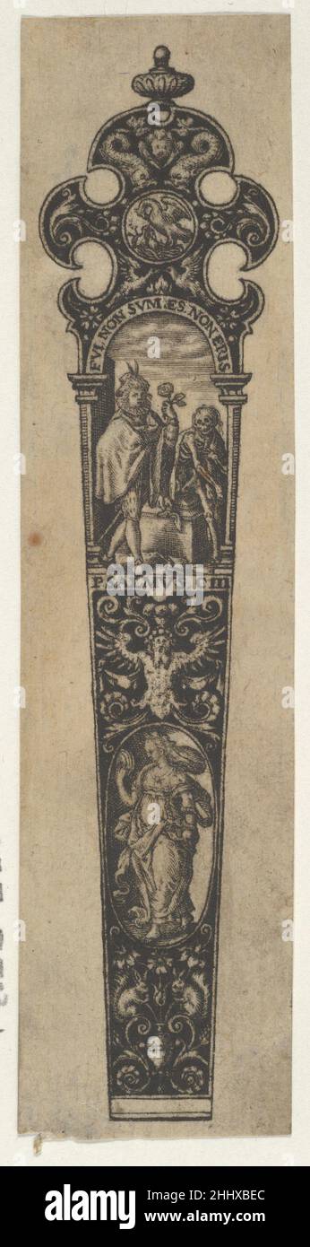 Design for a Knife Handle with a Memento Mori 1580–1600 Johann Theodor de Bry Netherlandish Panel with knife handle design, with a man with a rose before the seated figure of Death, shown as a skeleton, after a design by Jan Saenredam after Hendrik Goltzius (Bartsch III.258.123) This scene is framed by an arch at the top of the handle and is on a blackwork background with grotesques. From a series of twelve plates.. Design for a Knife Handle with a Memento Mori  425012 Stock Photo