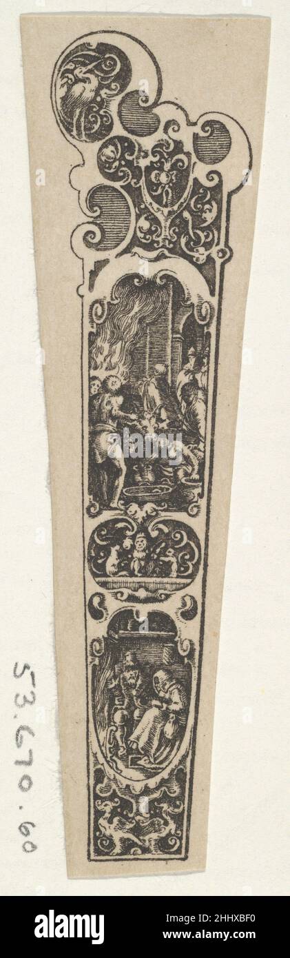 Design for a Knife Handle with a Couple Gathered Around a Fire at Bottom 1580–1600 attributed to Johann Theodor de Bry Netherlandish Panel with a knife handle design. At top, sections of ornament with a crane; below, a rectangle containing a scene with figures facing towards a fire at left and holding a bull. At bottom, a man and a woman gathered around a fire at left.. Design for a Knife Handle with a Couple Gathered Around a Fire at Bottom  425030 Stock Photo