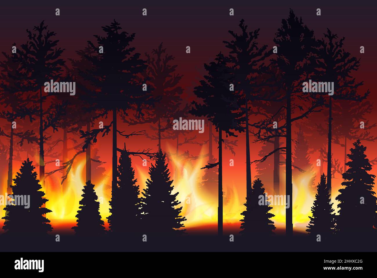 Forest fire realistic silhouette landscape vector illustration Stock Vector