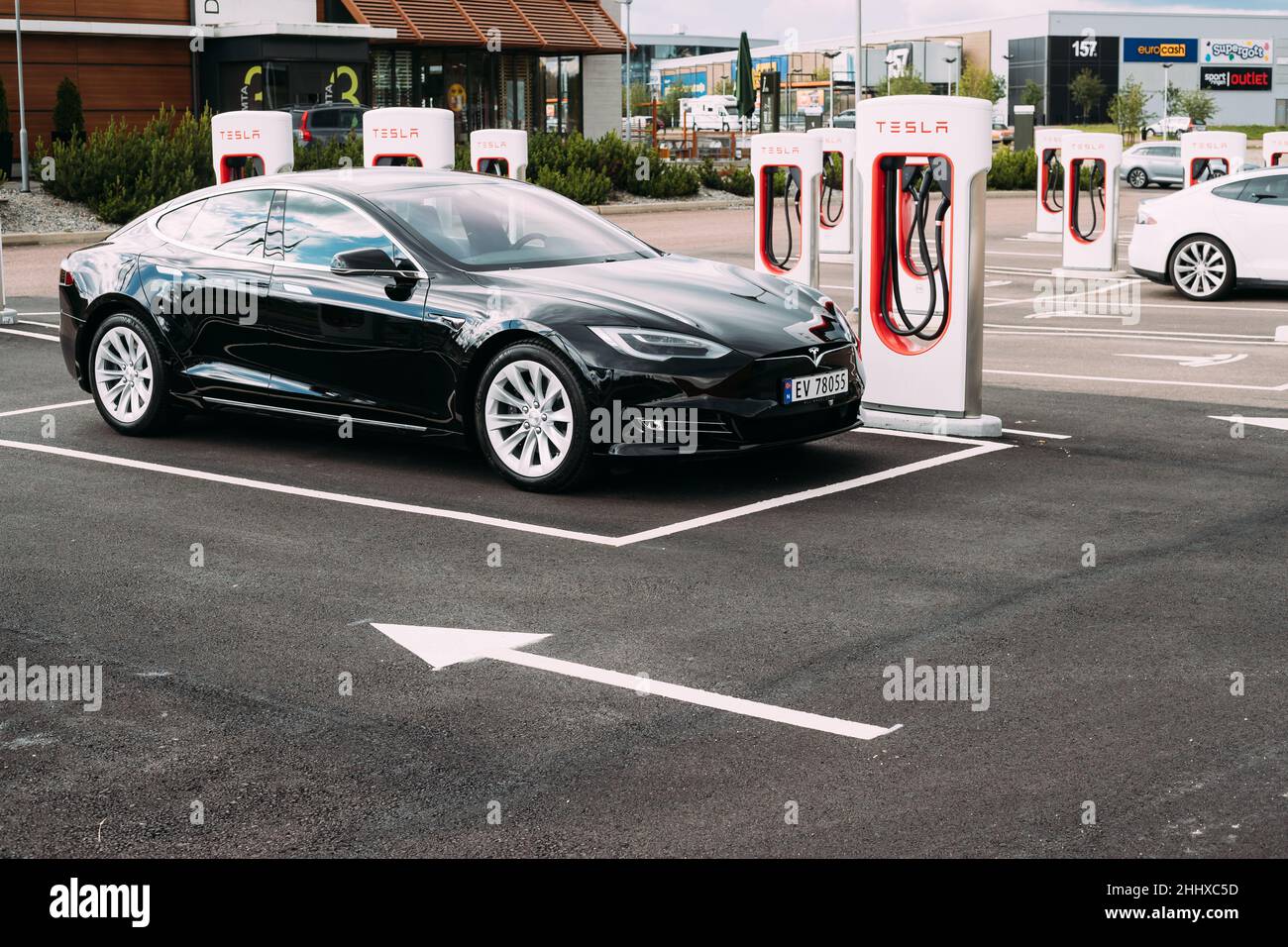 Black Color Tesla Model S 100d Car Parked At Charging Station. The ...
