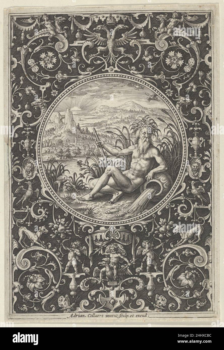 Neptune in a Decorative Frame with Grotesques, from the Judgment of Paris ca. 1580–1600 Adriaen Collaert Netherlandish Plate 2 from a series of six devoted to the figures in the mythological story of the Judgment of Paris. Vertical panel with an older male figure, commonly identified as Neptune, reclining in a landscape in a medallion at center. The seated figure leans on a vase, which lies on its side at right and is shown spilling its contents (water and fish) on the ground. Surrounding the medallion, a dark background with grotesque ornament, including a figure riding an eagle under a canop Stock Photo