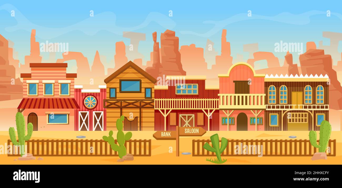Western American town in desert landscape vector illustration. Cartoon flat scenery in wild west of America, old houses with home, bar saloon or bank Stock Vector