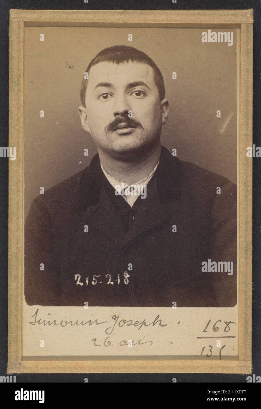 Simonin. Joseph. 26 ans, né à Saint-Maurice (Seine). Gainier. Anarchiste. 6/3/94. 1894 Alphonse Bertillon Born into a distinguished family of scientists and statisticians, Bertillon began his career as a clerk in the Identification Bureau of the Paris Prefecture of Police in 1879. Tasked with maintaining reliable police records of offenders, he developed the first modern system of criminal identification. The system, which became known as Bertillonage, had three components: anthropometric measurement, precise verbal description of the prisoner’s physical characteristics, and standardized photo Stock Photo