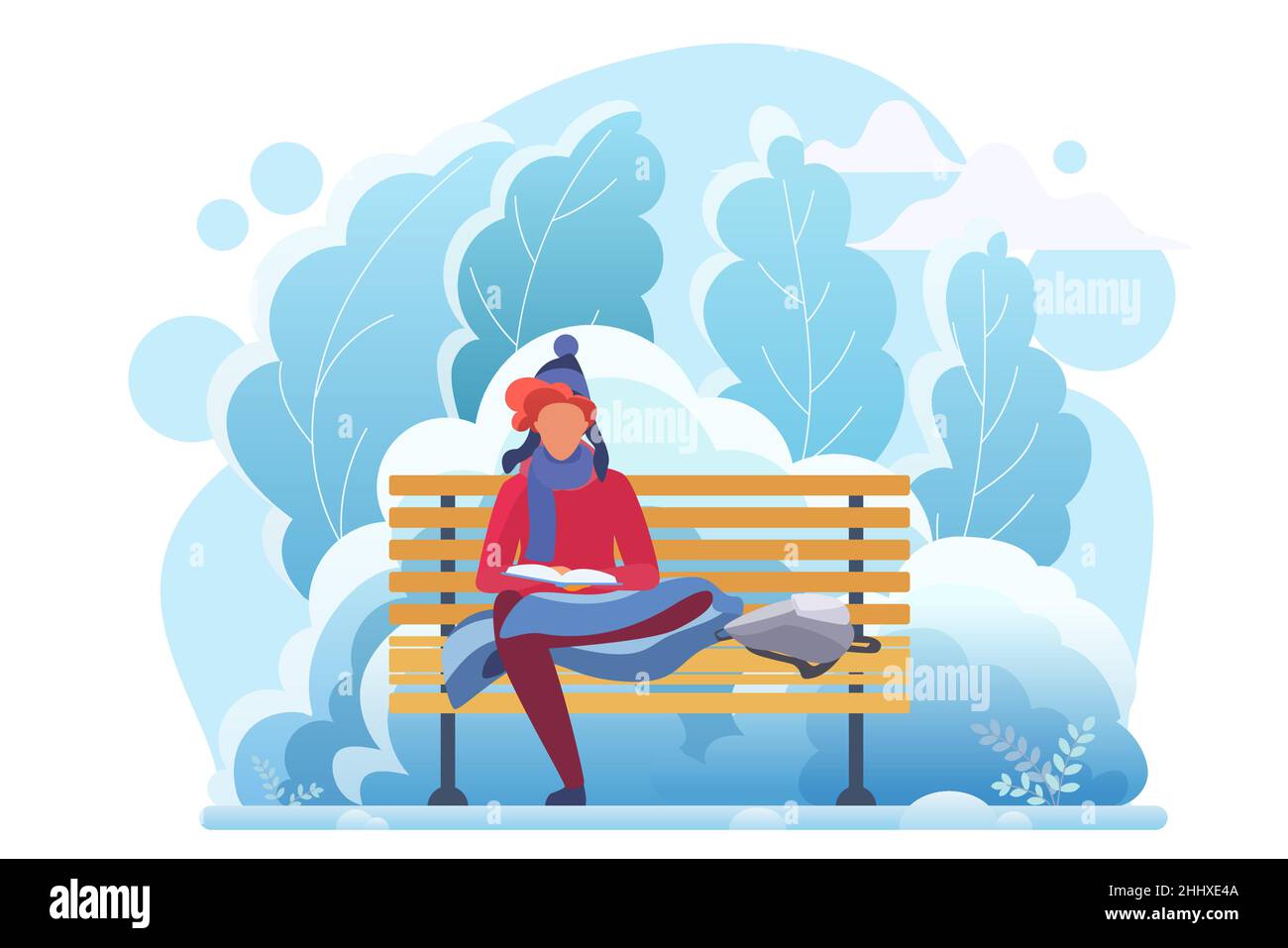 Young man reading in winter cold park flat vector illustration. Smart student studying, bookworm cartoon character. Boy sitting on bench with book. Li Stock Vector