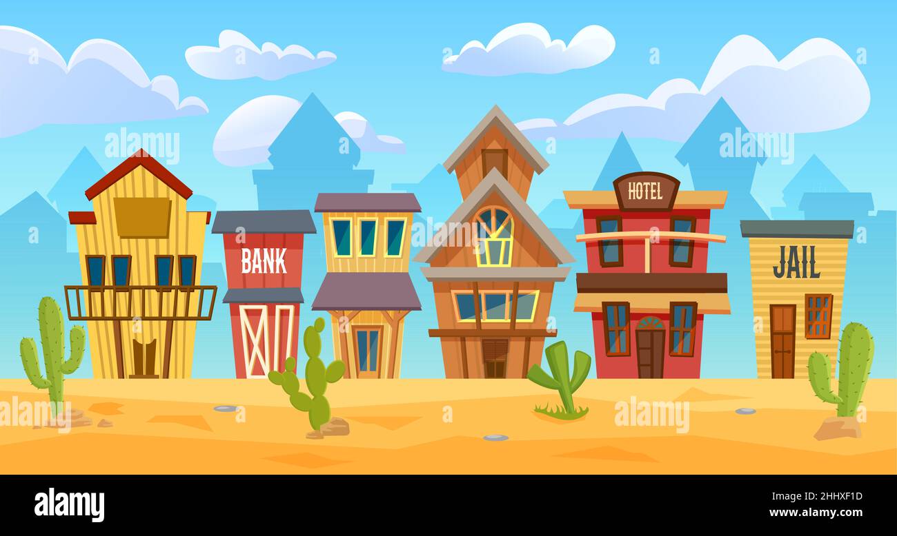 Wild west city vector illustration. Cartoon western cityscape with old wooden house buildings for cowboys, sheriff office, hotel and bank on street, e Stock Vector