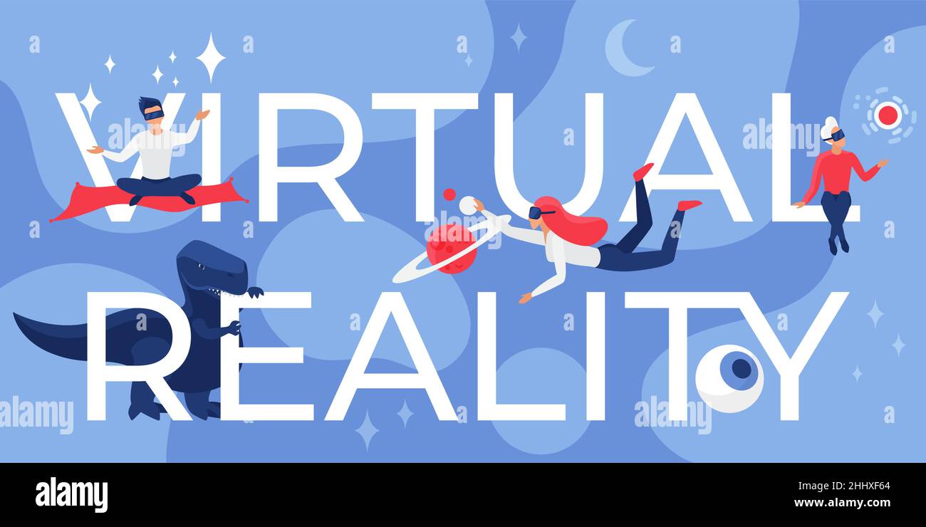Virtual reality lettering vector illustration. Cartoon flat futuristic concept with developer user people in vr glasses flying next to virtual reality Stock Vector