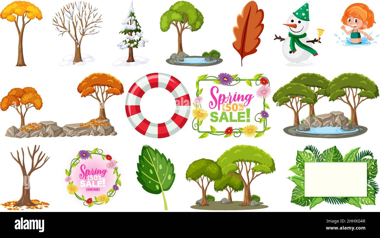 Set of four seasons trees and nature objects illustration Stock Vector ...