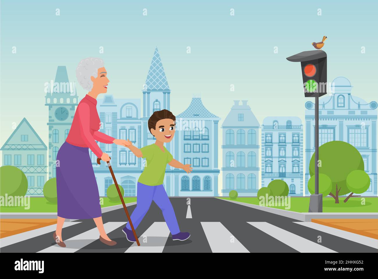 Polite little boy helps smiling old woman to pass the road at a pedestrian crossing while the green light shines. Cartoon vector illustration Stock Vector