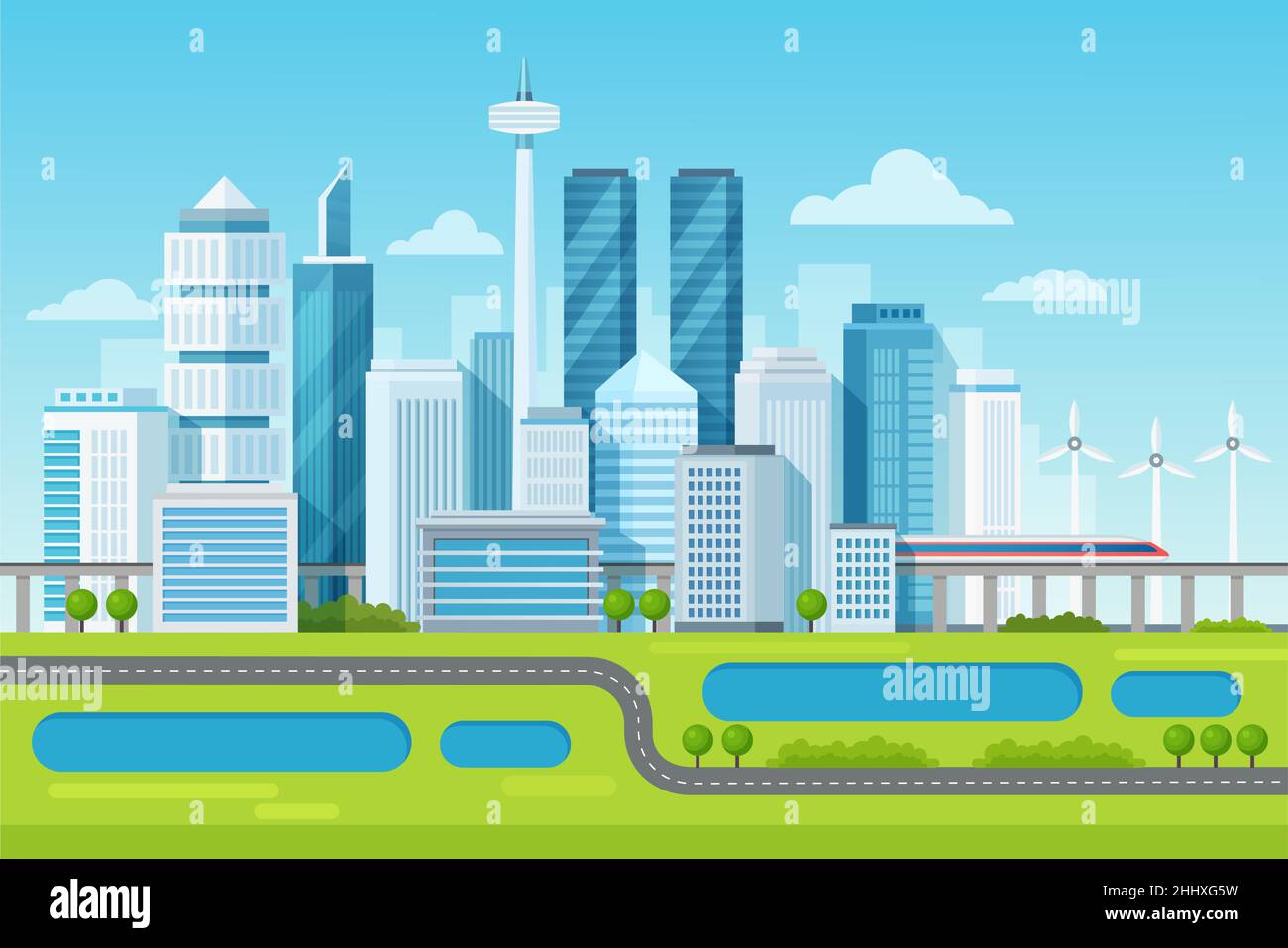 Urban modern cityscape landscape with high skyscrapers and subway ...