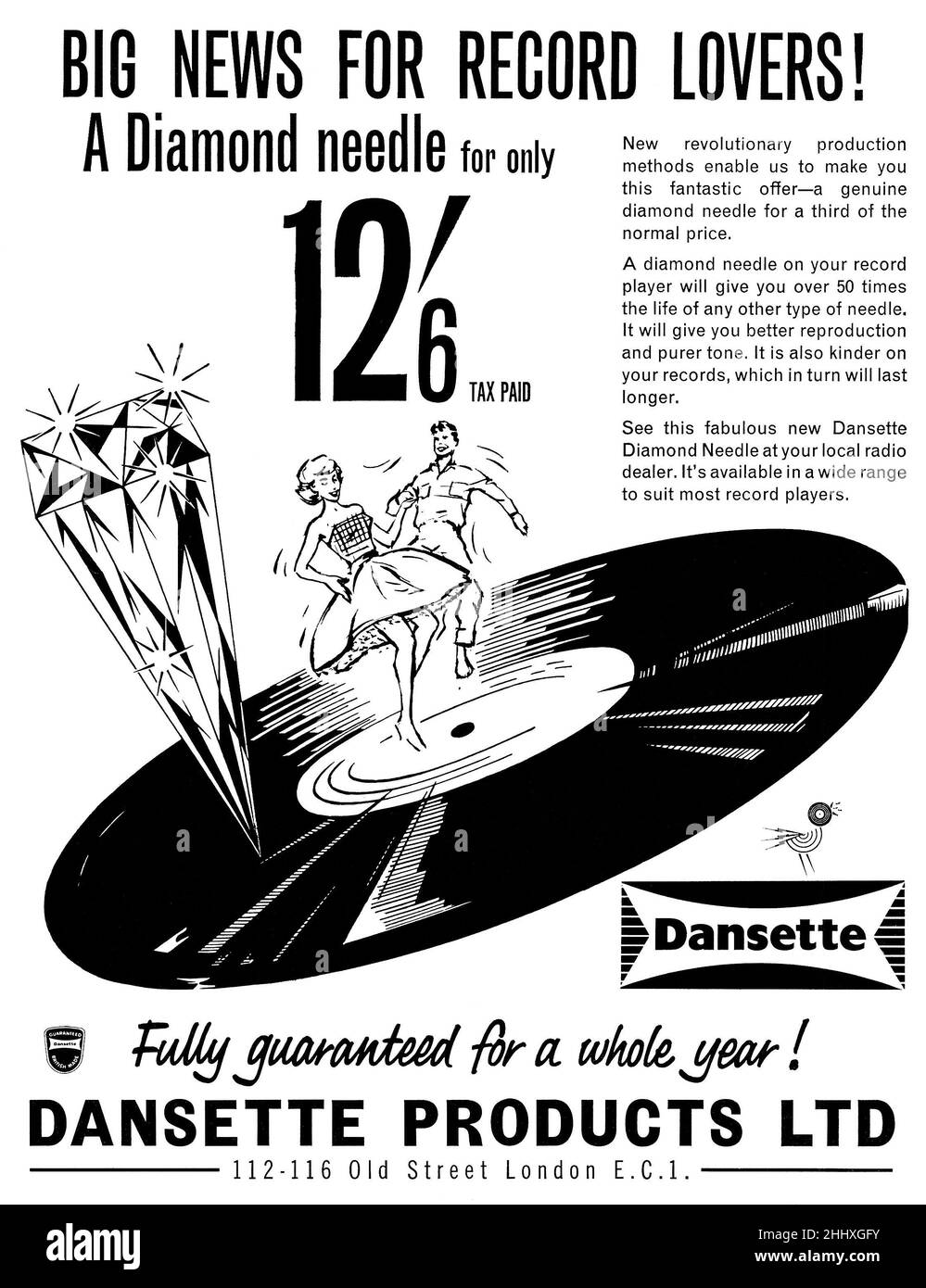 1962 British advertisement for Dansette diamond needles for vinyl