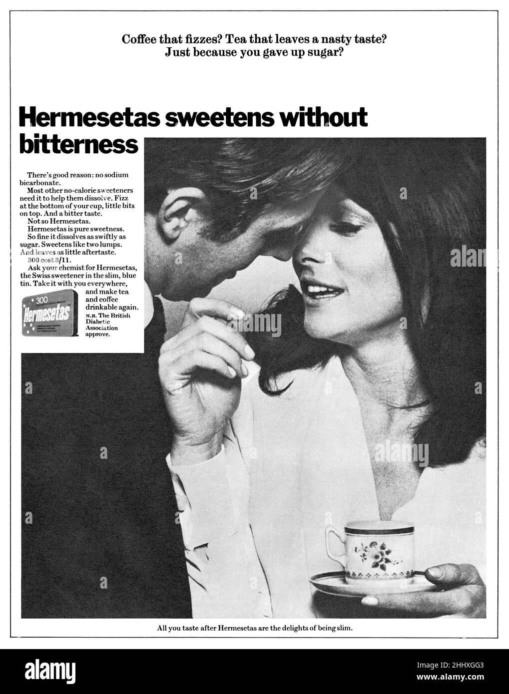 1968 British advertisement for Hermesetas sweetener. Stock Photo