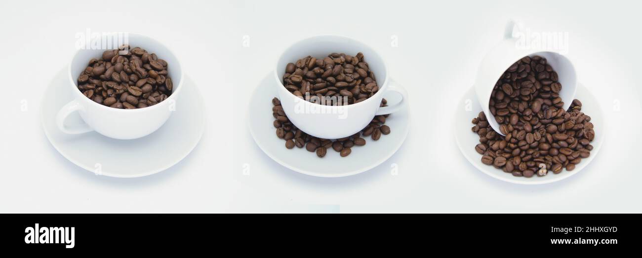 Three coffee cups on white background. Seeds of arabica in porcelain. Isolated renders of aromatic seeds. Stock Photo