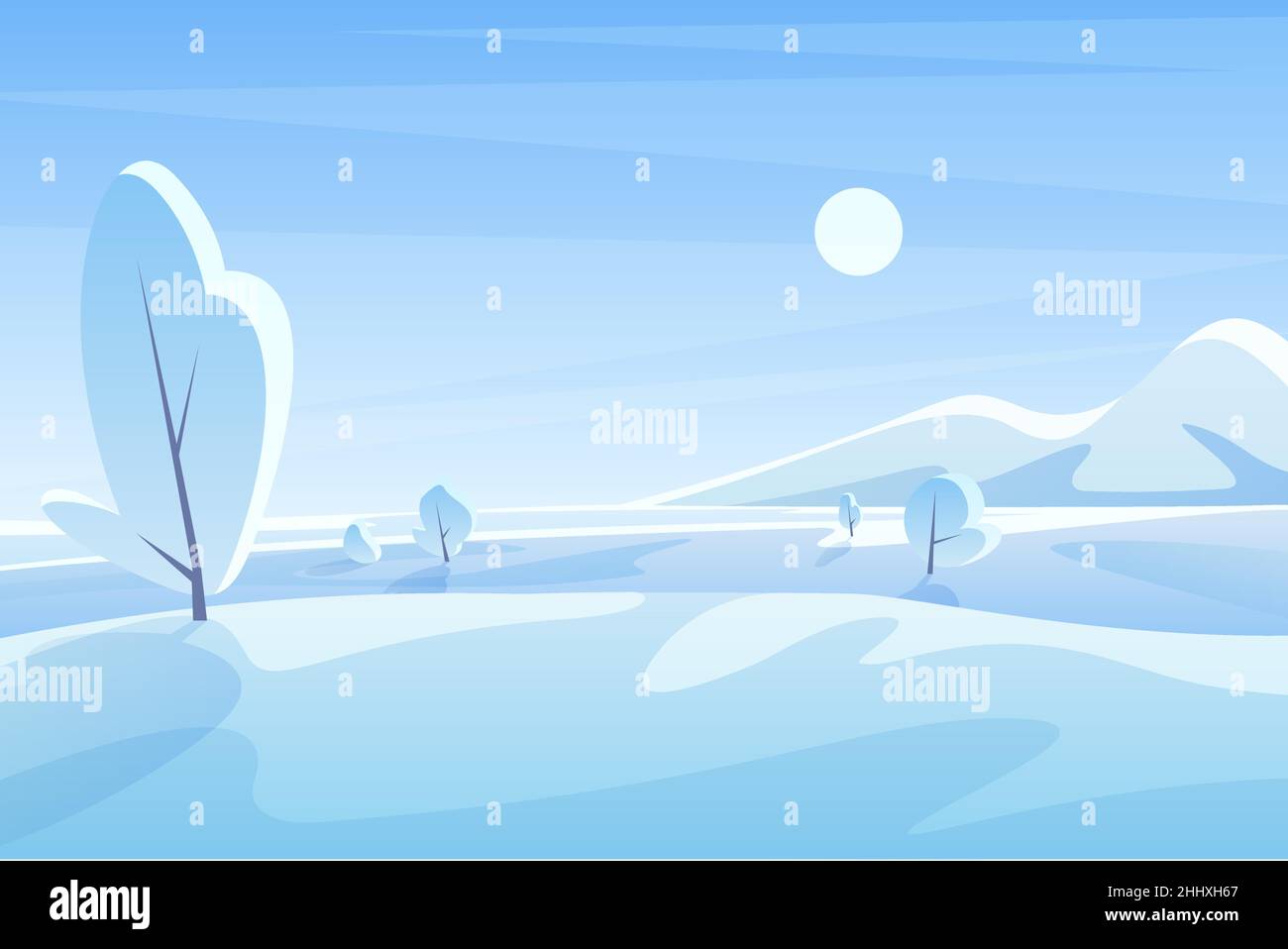 Blue winter landscape flat vector illustration. Scenic view with snowy ...