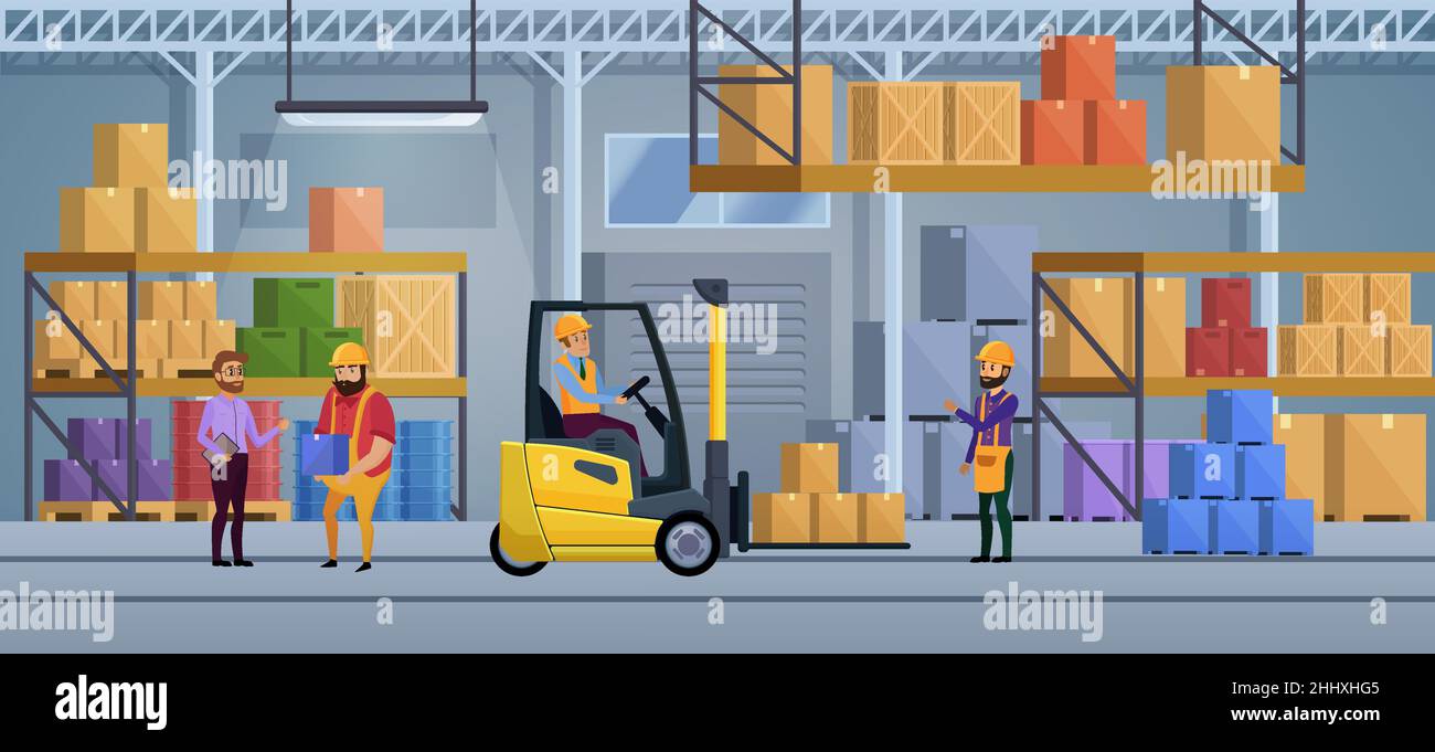 Logistic distribution warehouse interior working process, packaging freight, goods delivering Stock Vector