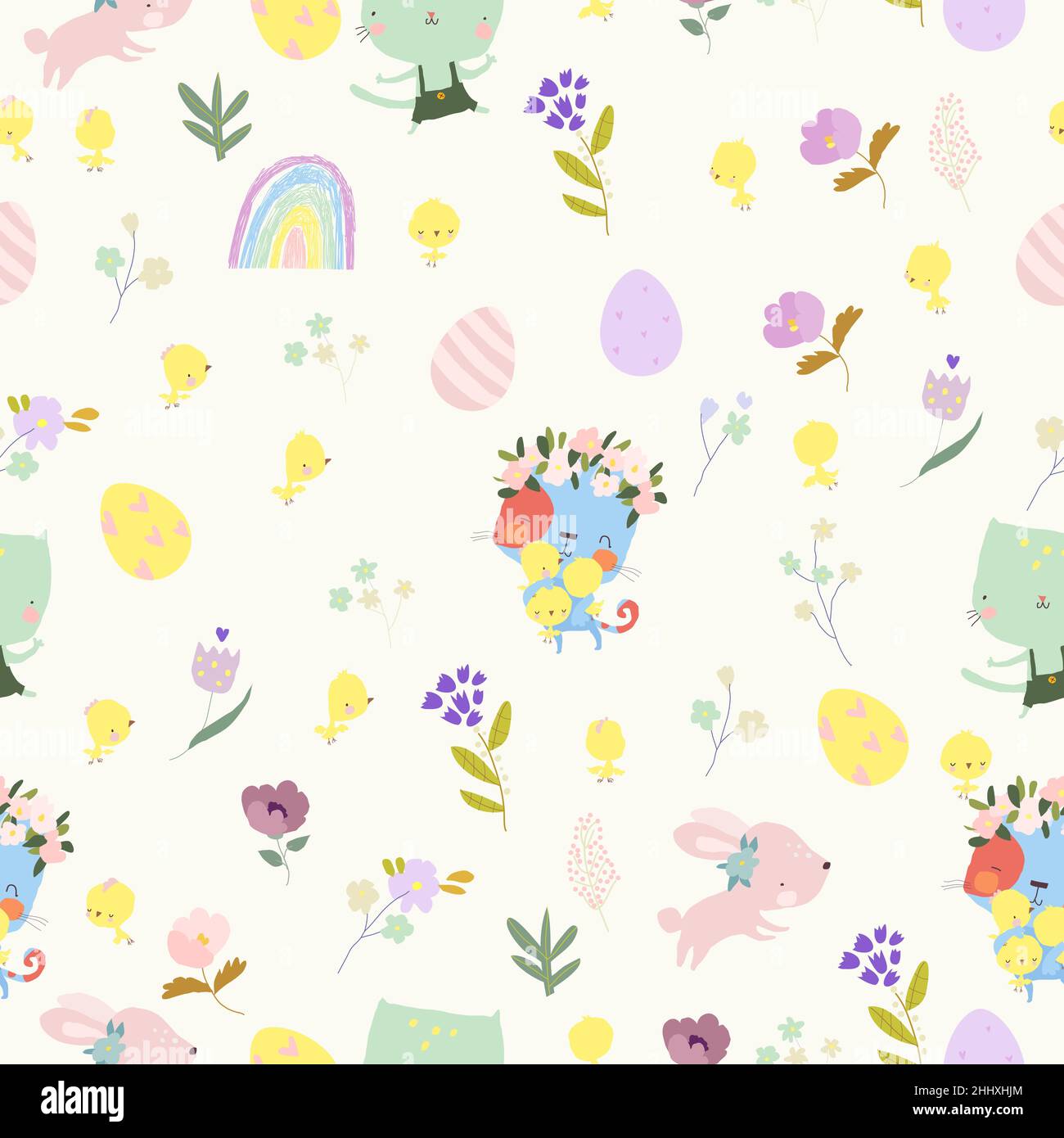Seamless Pattern with Funny Cats and Easter Elements Stock Vector