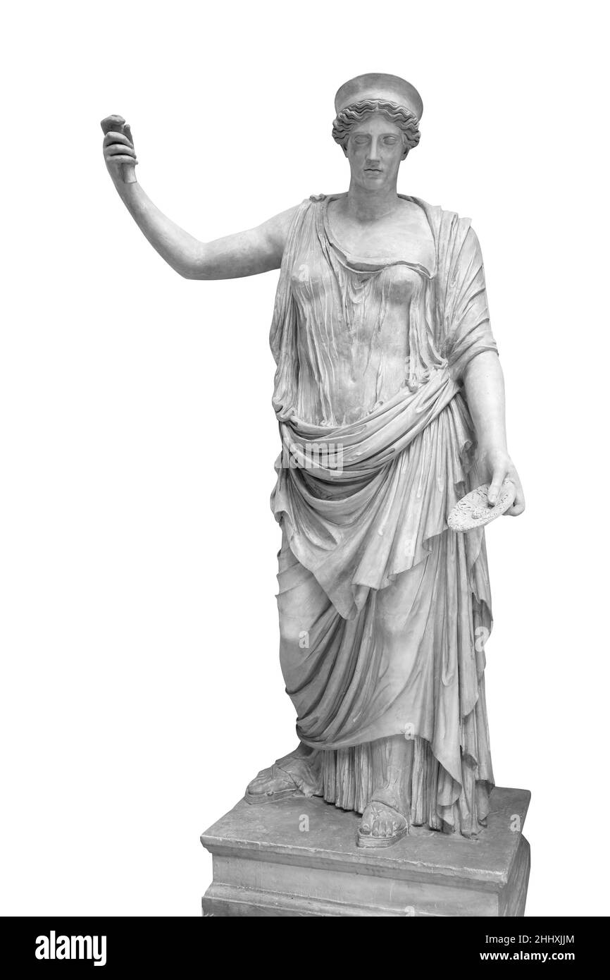 Statue of the Greek goddess Hera or the Roman goddess Juno isolated on white with clipping path. Goddess of women, marriage, family and childbirth Stock Photo
