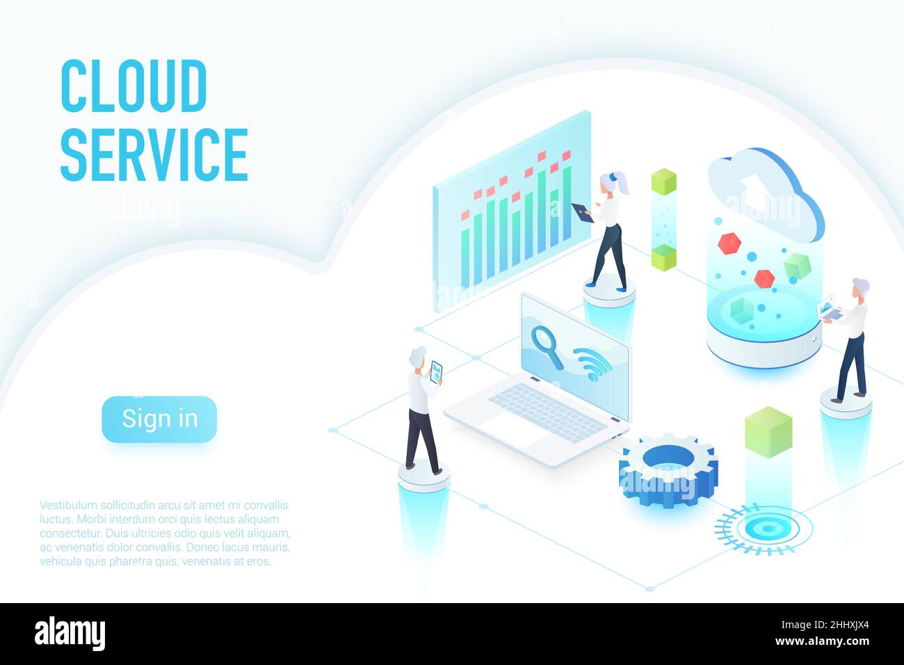Inside work process of cloud service, big data website page isometric vector illustration Stock Vector