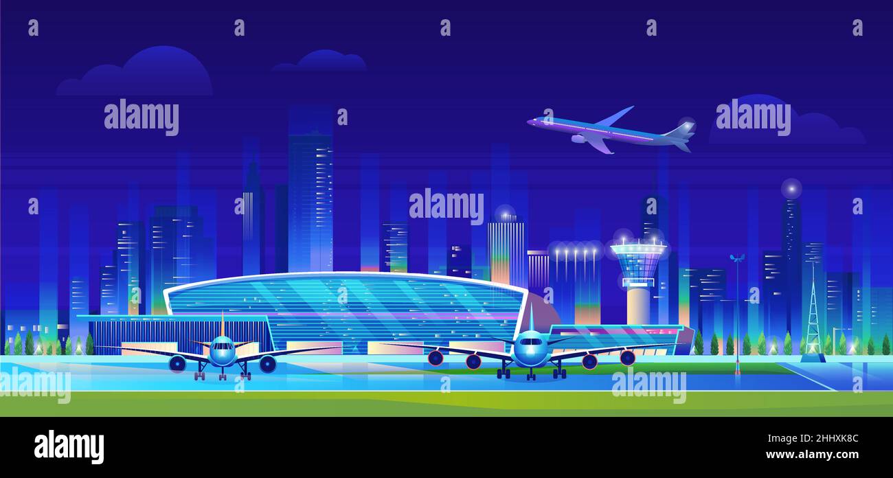 City airport at night vector illustration. Cartoon flat airport terminal modern building, airplanes waiting flight, aircrafts taking off and landing o Stock Vector