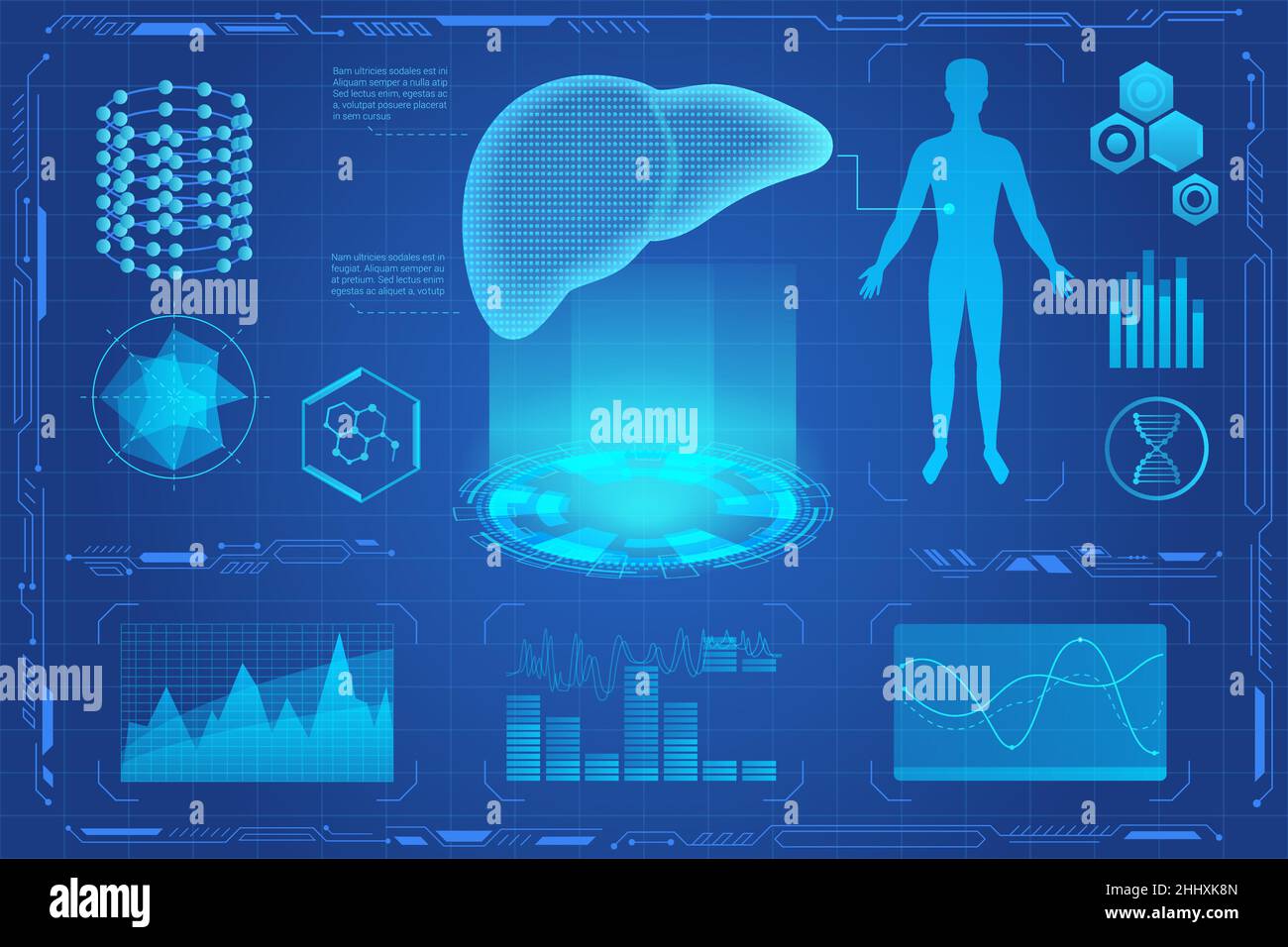 Human liver futuristic medical hologram virtial reality interface. Diagrams, hart infographics. Stock Vector