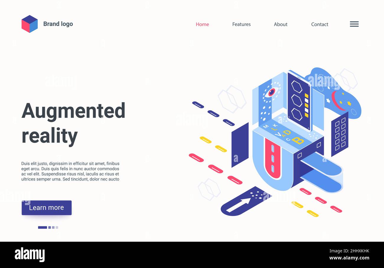 Augmented reality landing page vector template. Interactive technology website homepage interface layout with isometric illustration. AR tech, smart s Stock Vector