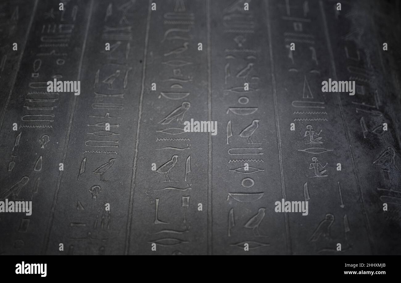 Egyptian inscription on Tabnit sarcophagus in Istanbul Archaeology Museum. Stock Photo