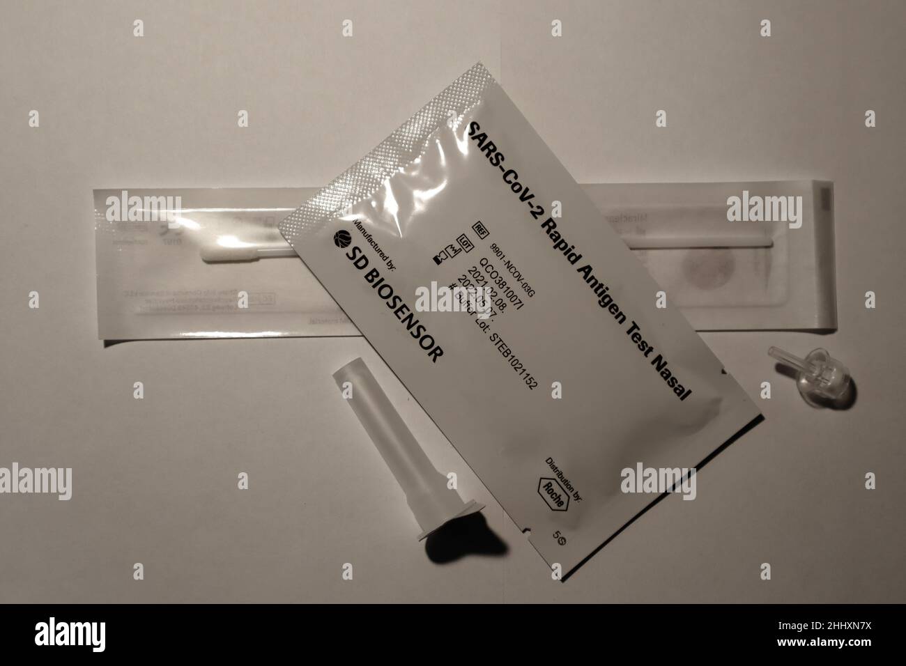 Berne, Switzerland, 2. January 2022: SARS-CoV-2 Rapid Antigen Test Nasal - Test Kit to diagnose Corona-Virus. Stock Photo