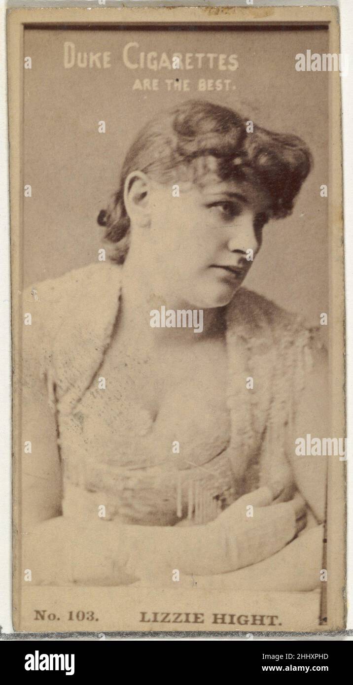 Card Number 103, Lizzie Hight, from the Actors and Actresses series (N145-6) issued by Duke Sons & Co. to promote Duke Cigarettes 1880s Issued by W. Duke, Sons & Co. Trade cards from the set 'Actors and Actresses' (N145-6), issued in the 1880s by W. Duke Sons & Co. to promote Duke Cigarettes. There are eight subsets of the N145 series. Various subsets sport different card designs and also promote different tobacco brands represented by W. Duke Sons & Company. This card is from the sixth subset, N145-6. Note that actors' names are spelled differently on cards throughout set and are not dependab Stock Photo