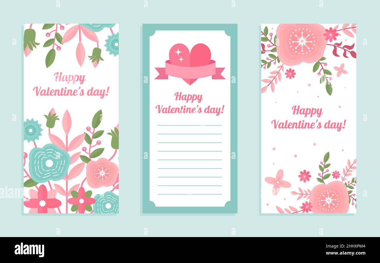 Happy Valentine day vector illustration set. Cartoon cute creative love and romance greeting card collection with loving hearts, floral ornament of pi Stock Vector