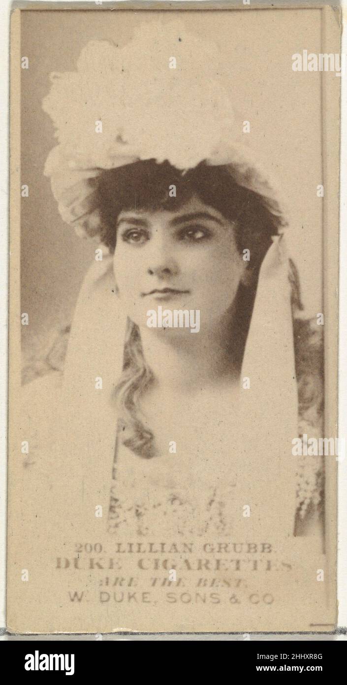 Card Number 200, Lillian Grubb, from the Actors and Actresses series (N145-7) issued by Duke Sons & Co. to promote Duke Cigarettes 1880s Issued by W. Duke, Sons & Co. Trade cards from the set 'Actors and Actresses' (N145-7), issued in the 1880s by W. Duke Sons & Co. to promote Duke Cigarettes. There are eight subsets of the N145 series. Various subsets sport different card designs and also promote different tobacco brands represented by W. Duke Sons & Company. This card is from the seventh subset, N145-7. Note that actors' names are spelled differently on cards throughout set and are not depen Stock Photo
