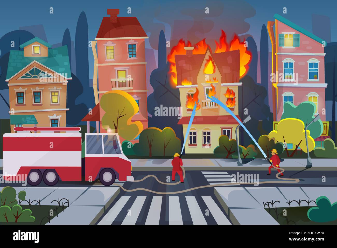 Firefighters with engine fire truck extinguish civil house in town Stock Vector