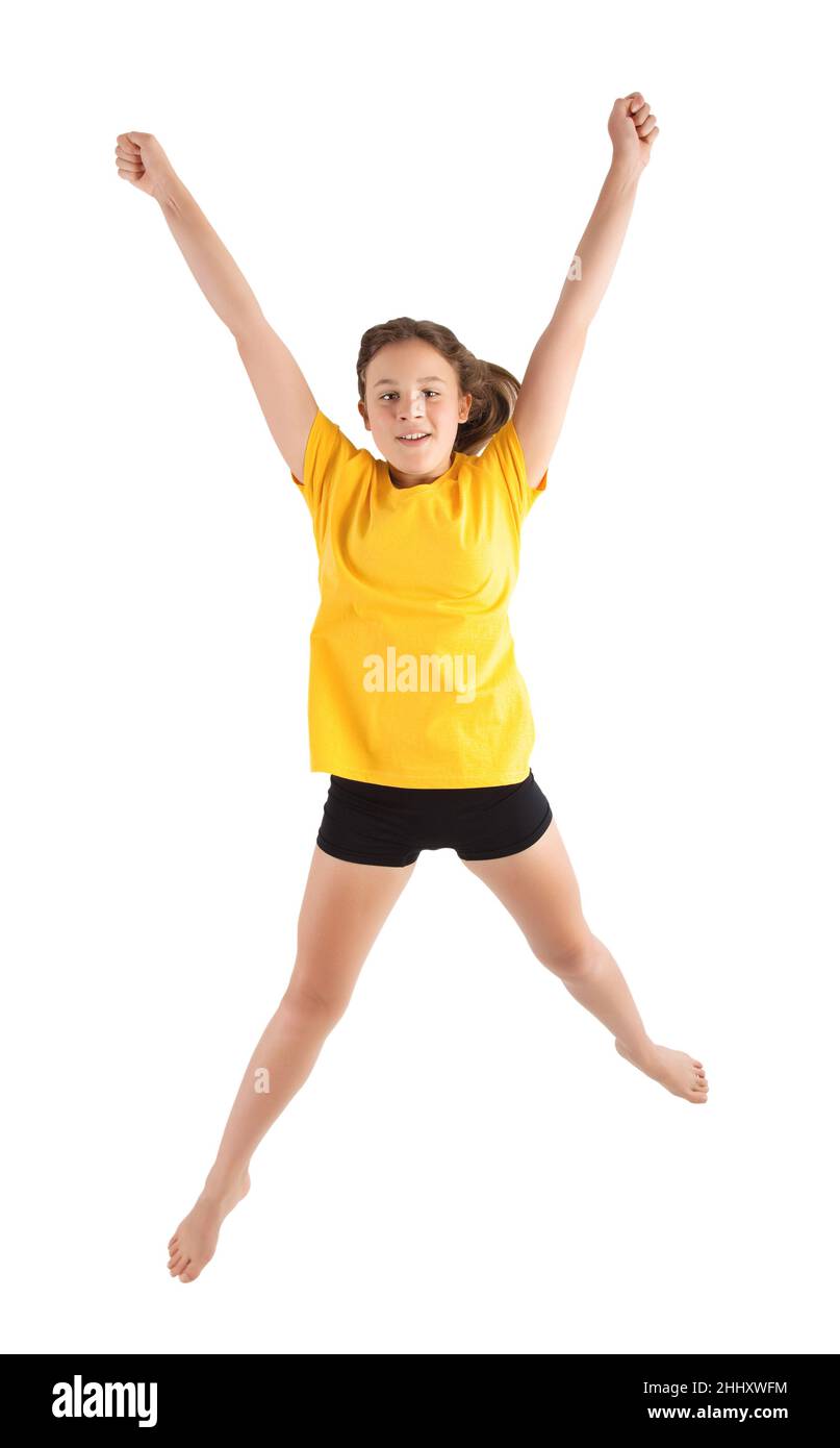 little girl jumping isolated on white Stock Photo