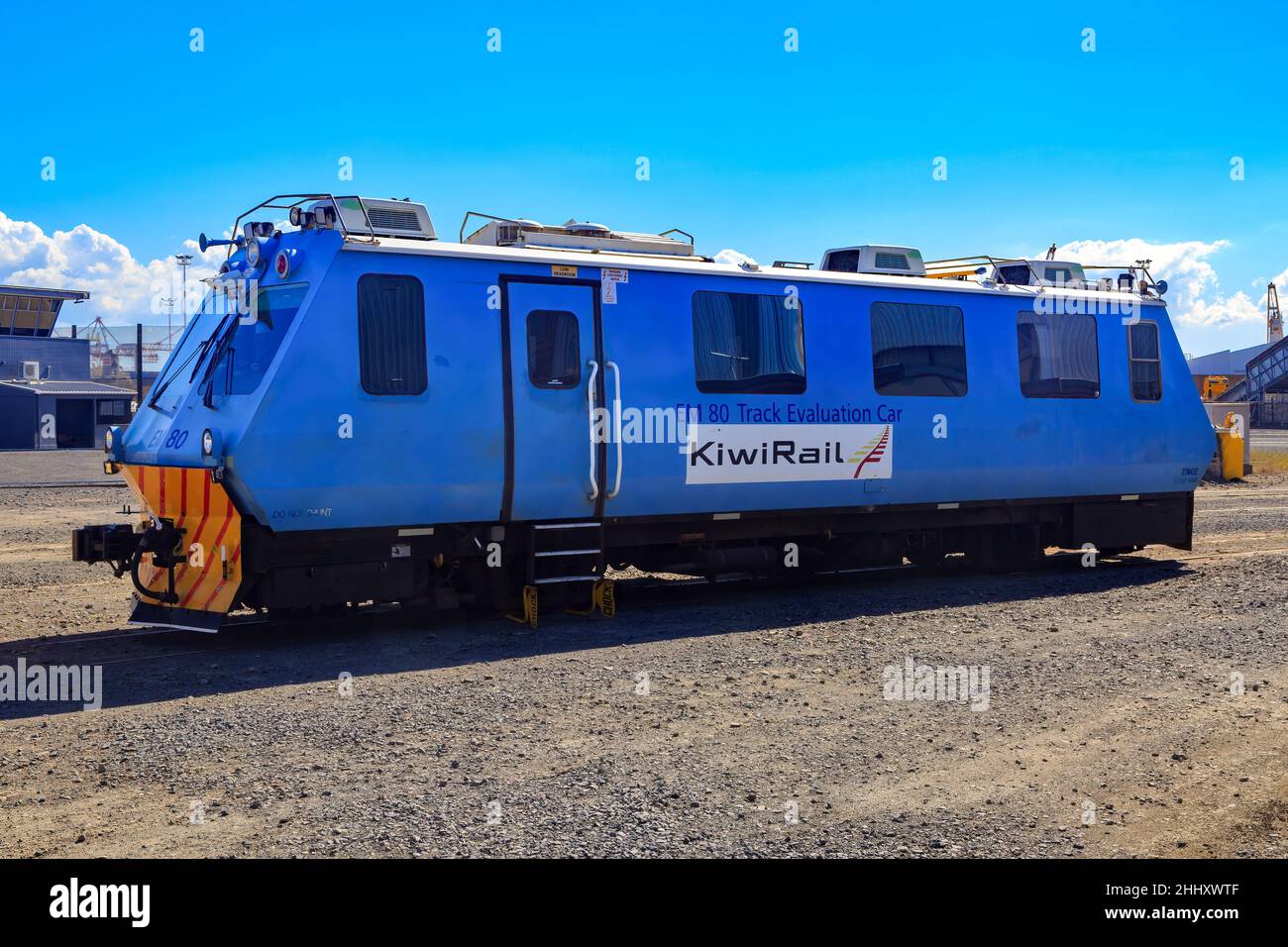 A KiwiRail EM80 track evaluation car parked in a railway station in Mount Maunganui, New Zealand Stock Photo