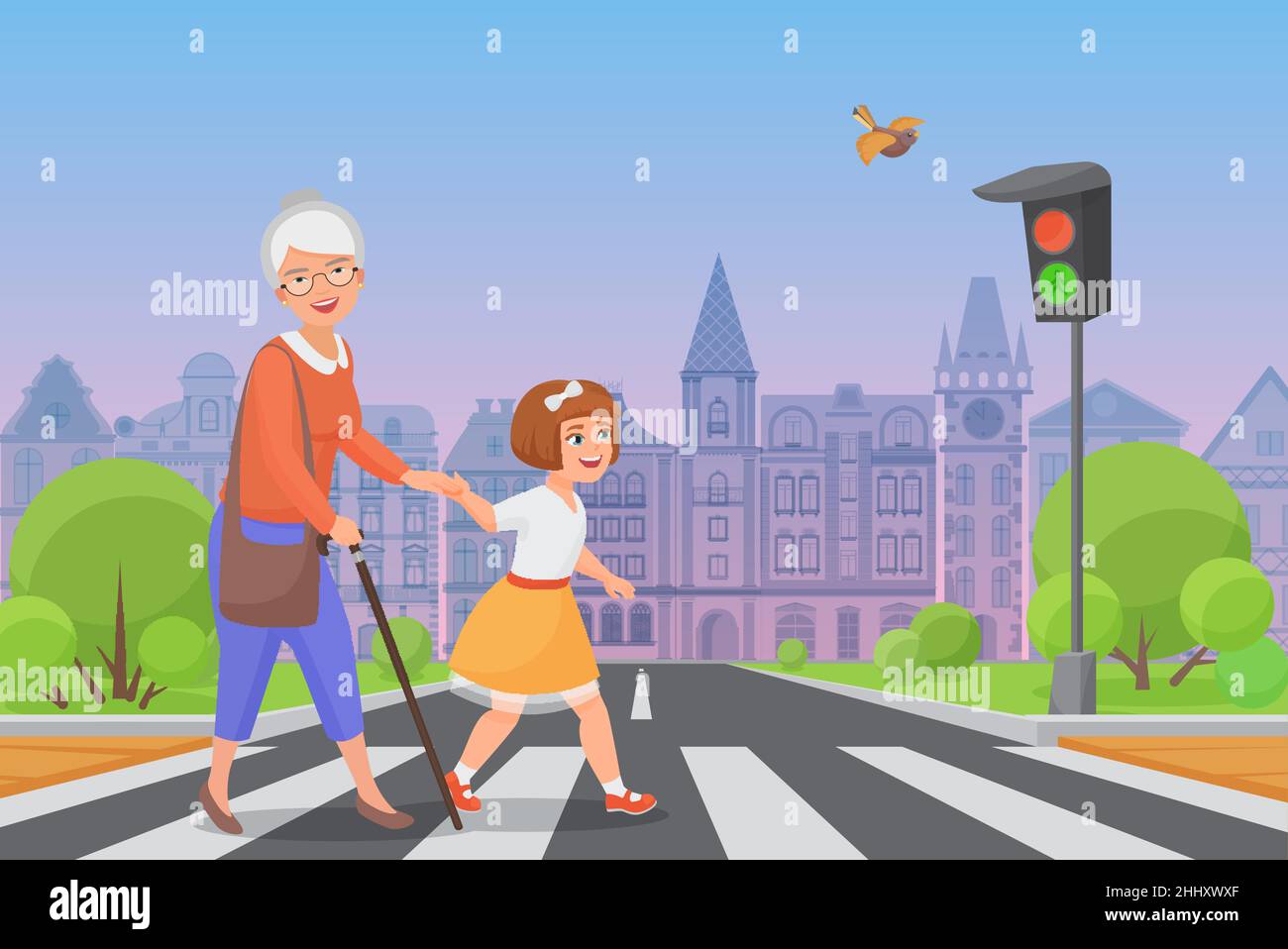 Polite little girl helps smiling old woman to pass the road at a pedestrian crossing while the green light shines. Color vector illustration Stock Vector