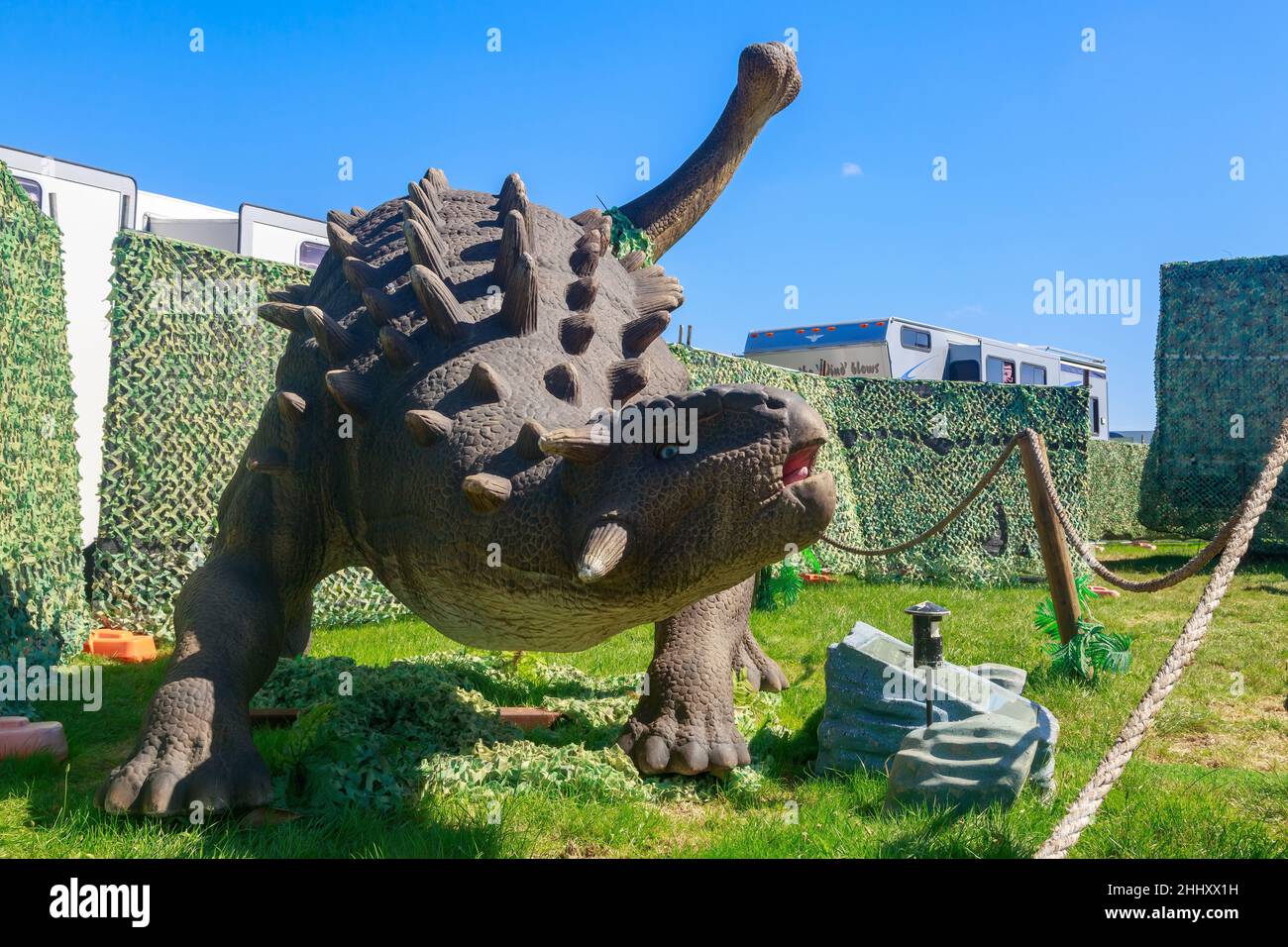A sculpture of the armored plant-eating dinosaur Ankylosaurus, photographed at a traveling dinosaur show Stock Photo