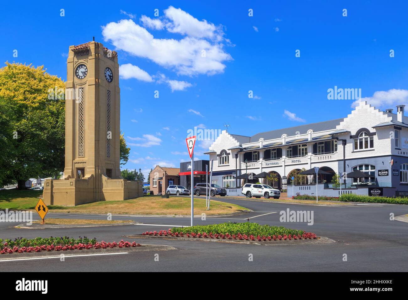 Cambridge, New Zealand. The town's clock tower, built 1934, and the National Hotel, built 1912 Stock Photo