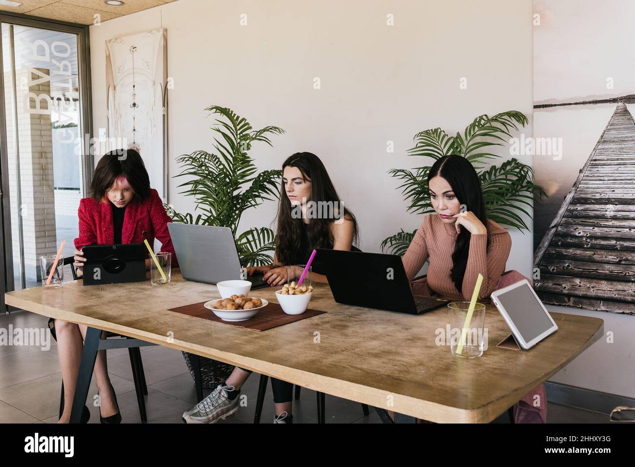 Trendy female colleagues using laptops and tablet while sitting at table and working on freelance project in modern cafeteria together Stock Photo
