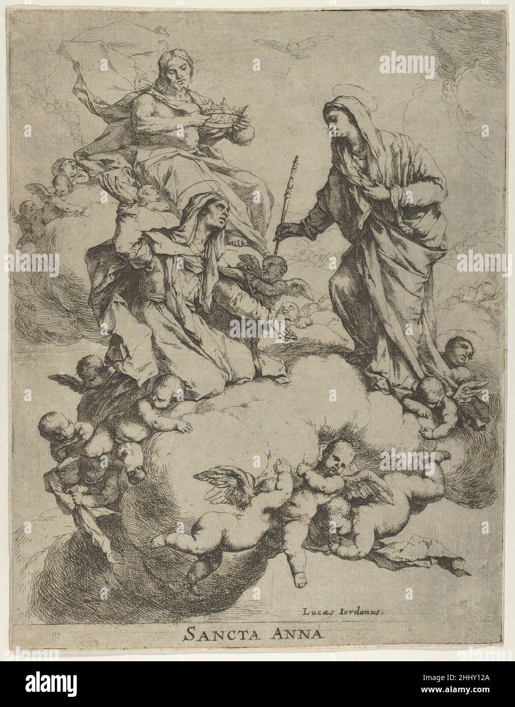 Christ holding a crown upper left, at right the Virgin receiving Saint Anne in Heaven 1650–70 Luca Giordano Italian This is Bartsch's early state before the addition of the letters 'in et sculp' after Giordano's name at lower right.. Christ holding a crown upper left, at right the Virgin receiving Saint Anne in Heaven  664668 Stock Photo